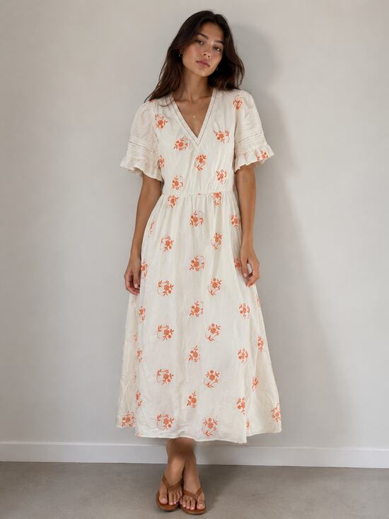 Marks and Spencer Dresses & Skirts - Marks & Spencer Cream Midi Dress with Orange Floral Print